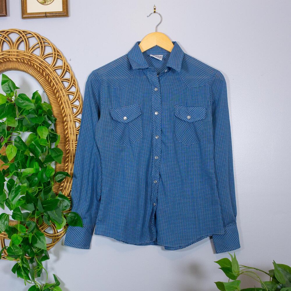 Vintage Blue Micro Check Western Snap Shirt Utility Cotton Blend | Soft Summer